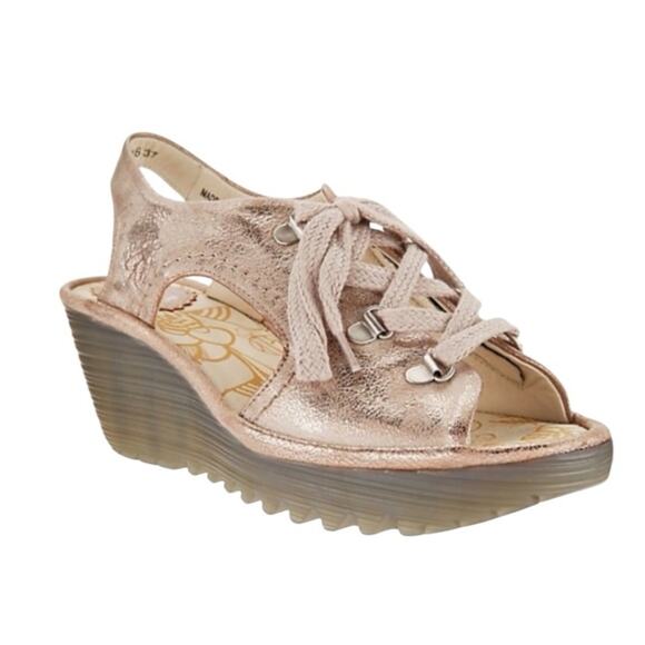 Fly London Ylfa Gold Metallic Leather Lace Up Wedge Shoes size 35 US 5 - Picture 1 of 11